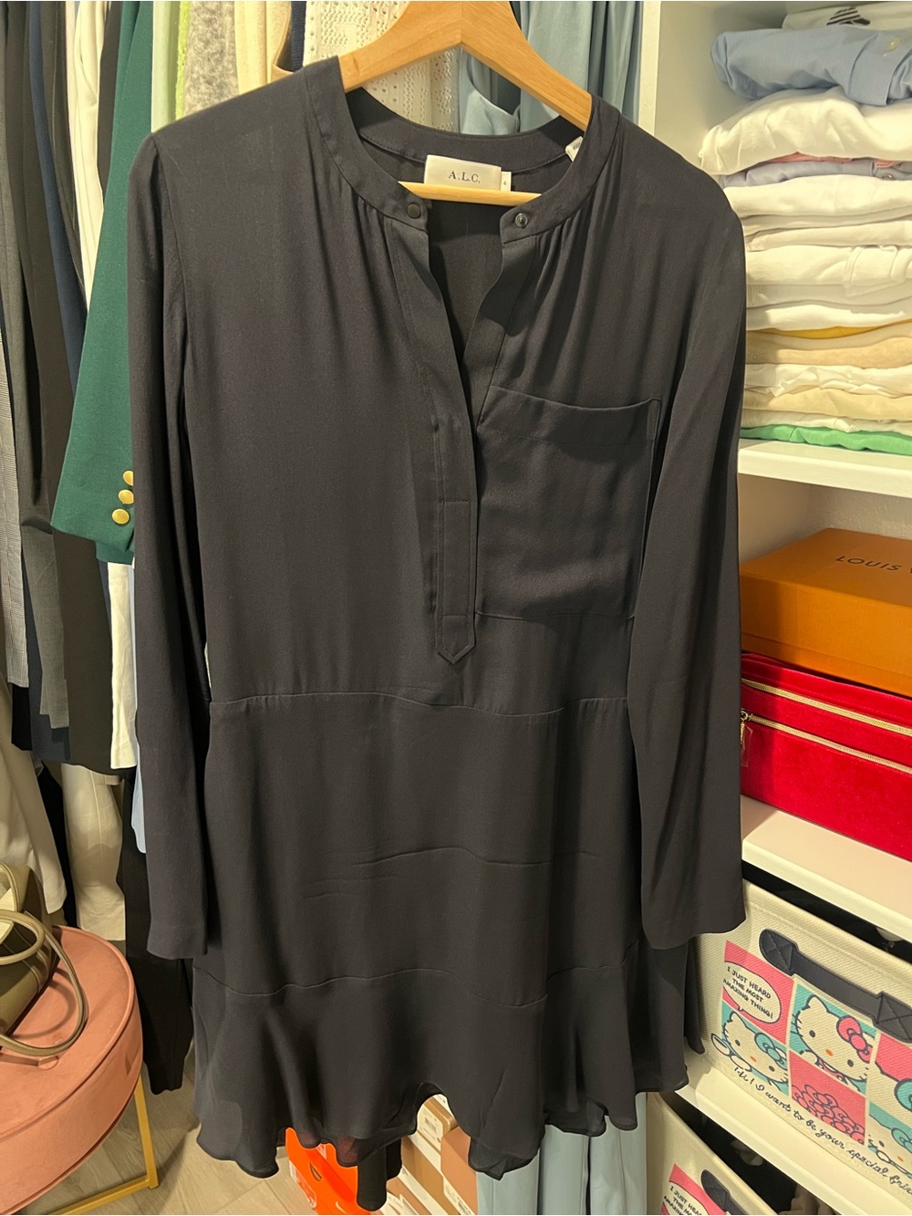 A.L.C. Navy Button-Front Round Neck Blouse